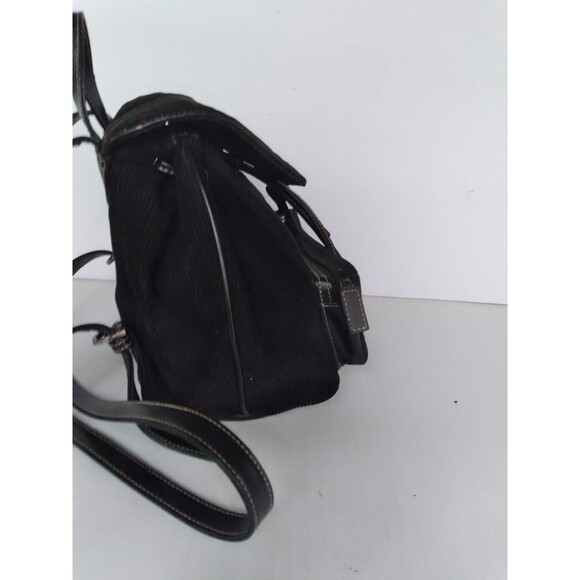 Vintage Black Corduroy Mini Backpack with Leather Trim Drawstring Casual Daypack - Picture 3 of 7
